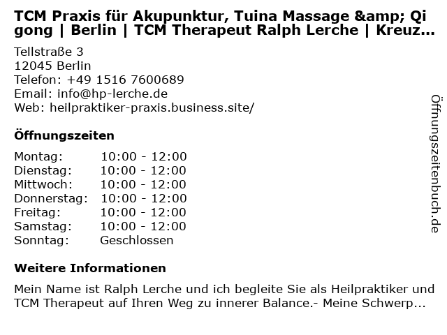 TCM Praxis für Akupunktur, Tuina Massage & Qigong | Berlin | TCM Therapeut Ralph Lerche | Kreuzkölln in Berlin: Adresse und Öffnungszeiten