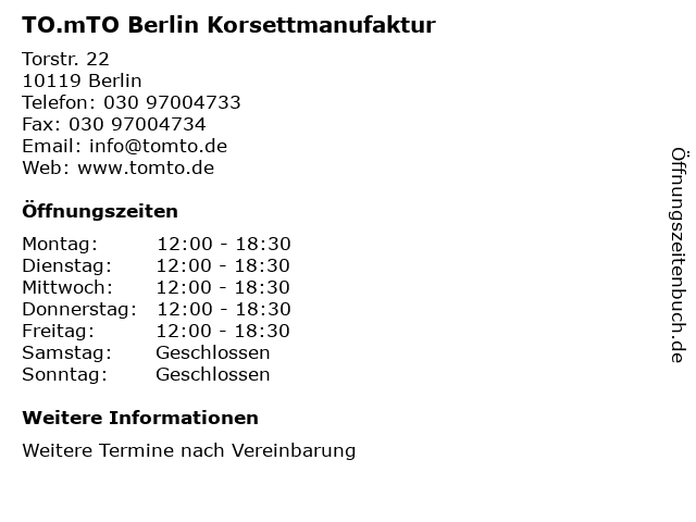 TO.mTO Berlin Korsettmanufaktur in Berlin: Adresse und Öffnungszeiten