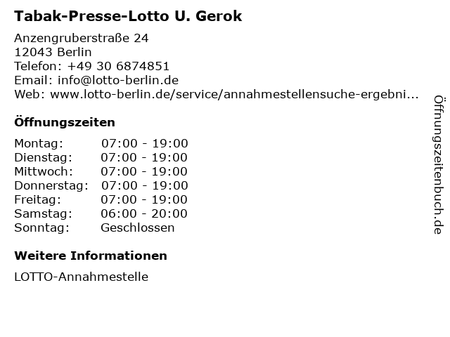 Tabak-Presse-Lotto U. Gerok in Berlin: Adresse und Öffnungszeiten