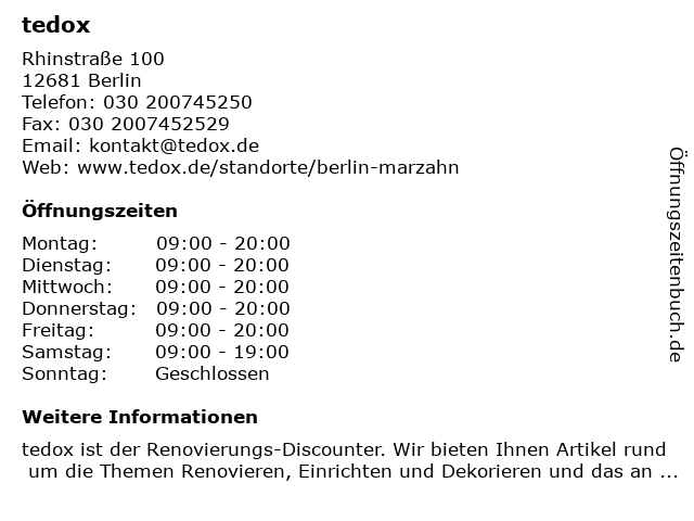 ᐅ Offnungszeiten Tedox Kg Rhinstrasse 100 In Berlin