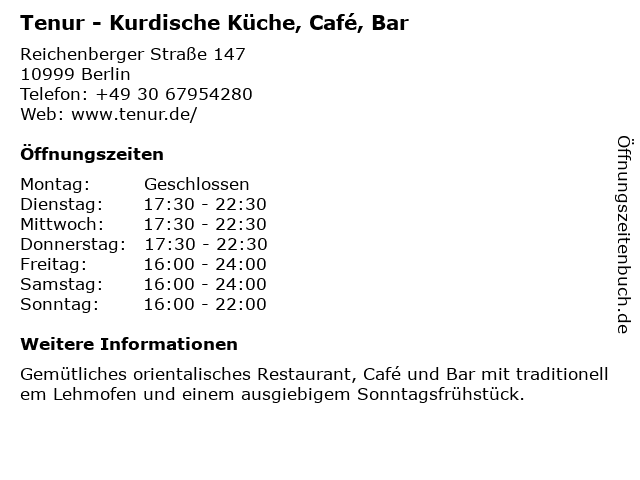 Tenur - Kurdische Küche, Café, Bar in Berlin: Adresse und Öffnungszeiten