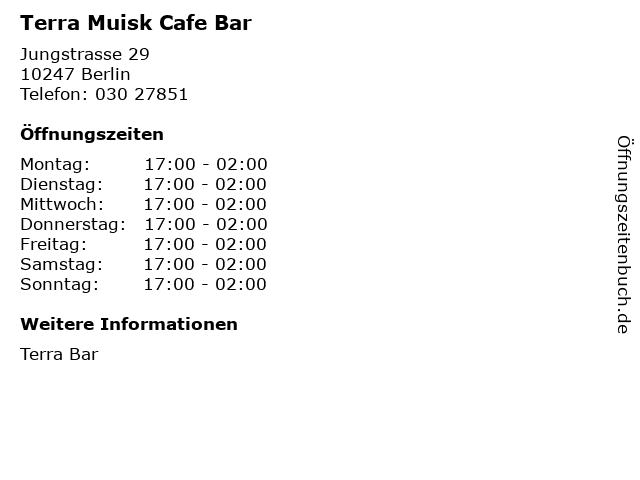 Terra Muisk Cafe Bar in Berlin: Adresse und Öffnungszeiten
