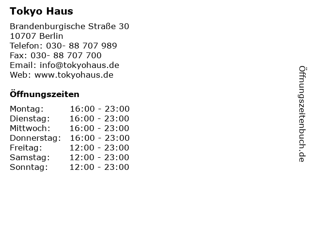 ᐅ Offnungszeiten Tokyo Haus Brandenburgische Strasse 30 In Berlin