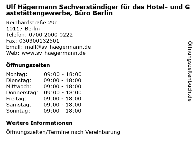 Ulf Hägermann Sachverständiger für das Hotel- und Gaststättengewerbe, Büro Berlin in Berlin: Adresse und Öffnungszeiten
