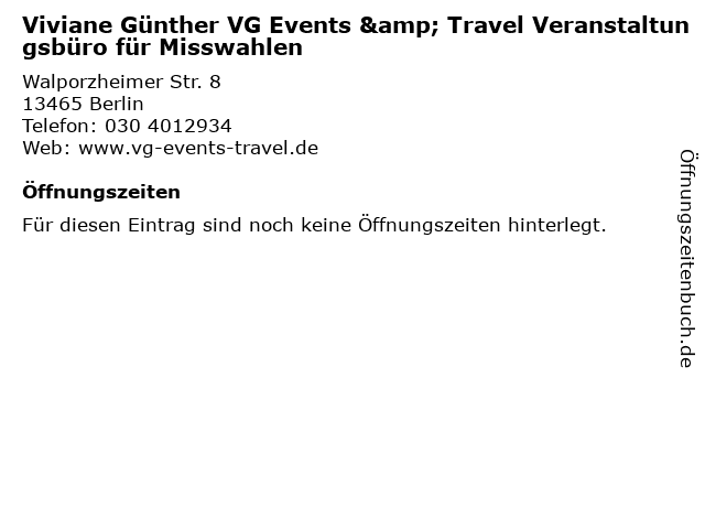 Viviane Günther VG Events & Travel Veranstaltungsbüro für Misswahlen in Berlin: Adresse und Öffnungszeiten
