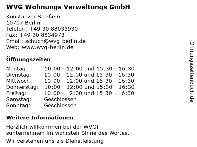 WVG Wohnungs Verwaltungs GmbH in Berlin: Adresse und Öffnungszeiten