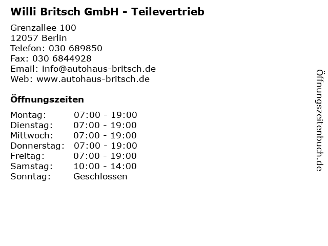Willi Britsch GmbH - Teilevertrieb in Berlin: Adresse und Öffnungszeiten