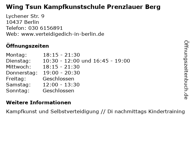 Wing Tsun Kampfkunstschule Prenzlauer Berg in Berlin: Adresse und Öffnungszeiten