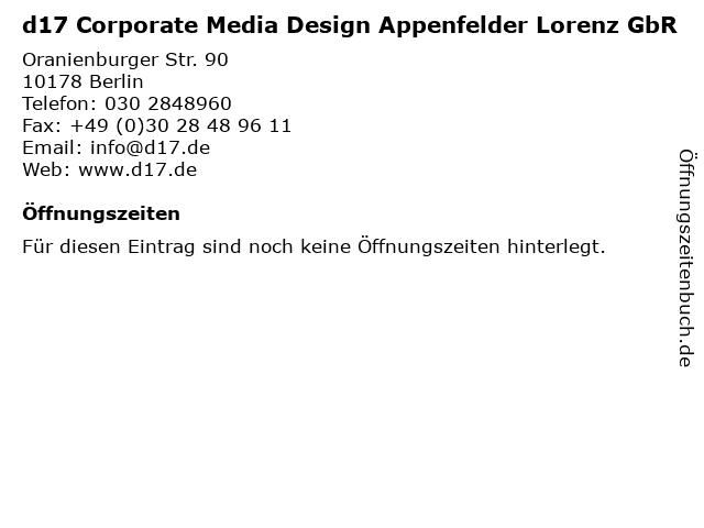 d17 Corporate Media Design Appenfelder Lorenz GbR in Berlin: Adresse und Öffnungszeiten
