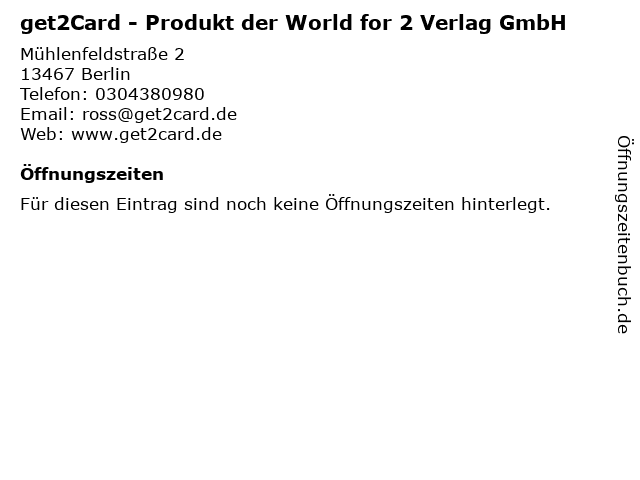 get2Card - Produkt der World for 2 Verlag GmbH in Berlin: Adresse und Öffnungszeiten