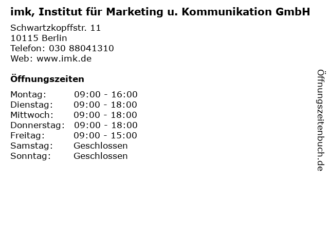 imk, Institut für Marketing u. Kommunikation GmbH in Berlin: Adresse und Öffnungszeiten