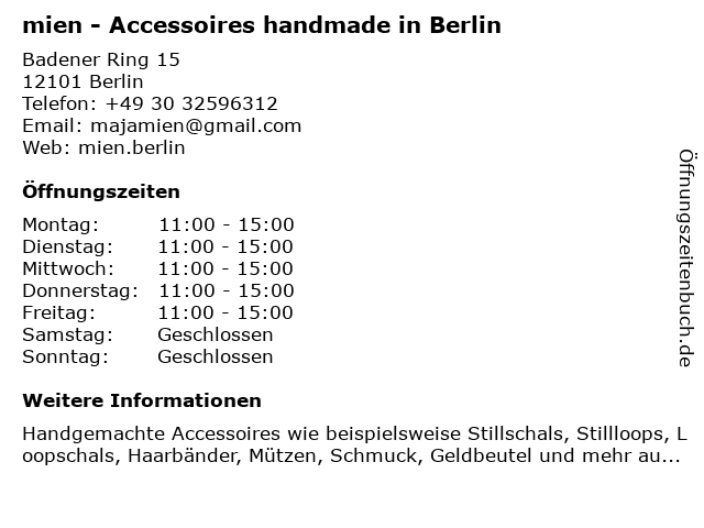 mien - Accessoires handmade in Berlin in Berlin: Adresse und Öffnungszeiten