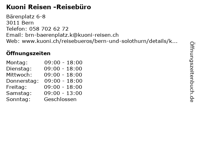 Kuoni Reisen -Reisebüro in Bern: Adresse und Öffnungszeiten