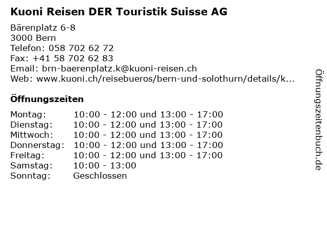 Kuoni Reisen DER Touristik Suisse AG in Bern: Adresse und Öffnungszeiten