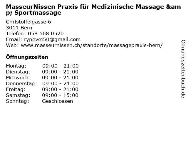 MasseurNissen Praxis für Medizinische Massage & Sportmassage in Bern: Adresse und Öffnungszeiten