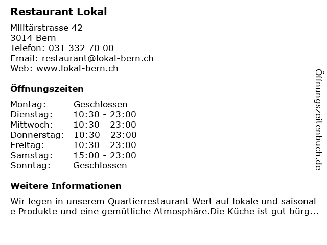 Restaurant Lokal in Bern: Adresse und Öffnungszeiten