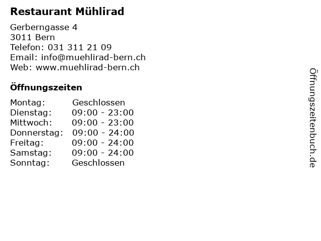 Restaurant Mühlirad in Bern: Adresse und Öffnungszeiten