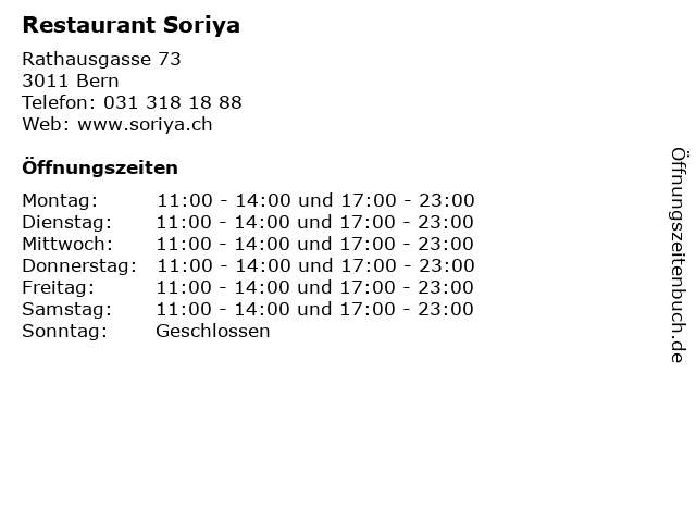 Restaurant Soriya in Bern: Adresse und Öffnungszeiten