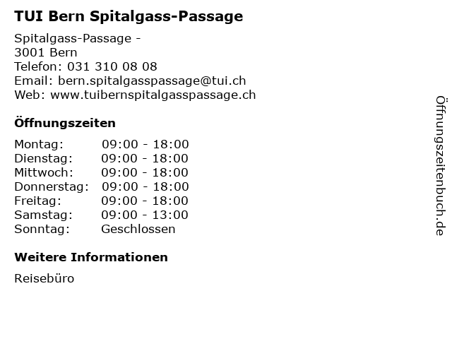 TUI Bern Spitalgass-Passage in Bern: Adresse und Öffnungszeiten