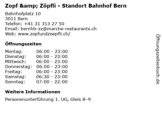 Zopf & Zöpfli - Standort Bahnhof Bern in Bern: Adresse und Öffnungszeiten