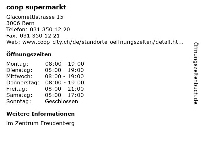 coop supermarkt in Bern: Adresse und Öffnungszeiten