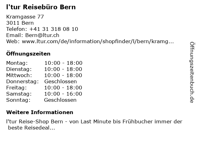 l'tur Reisebüro Bern in Bern: Adresse und Öffnungszeiten