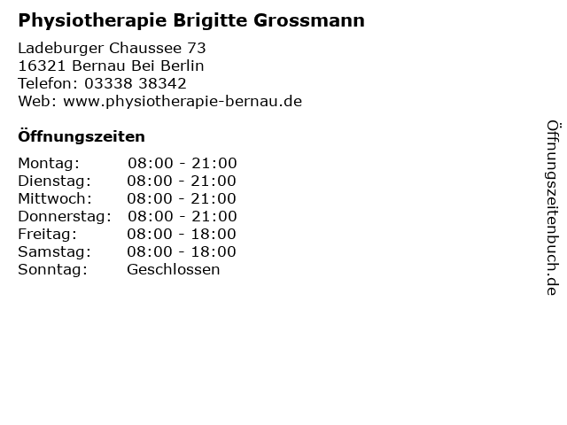 Physiotherapie Brigitte Grossmann in Bernau Bei Berlin: Adresse und Öffnungszeiten