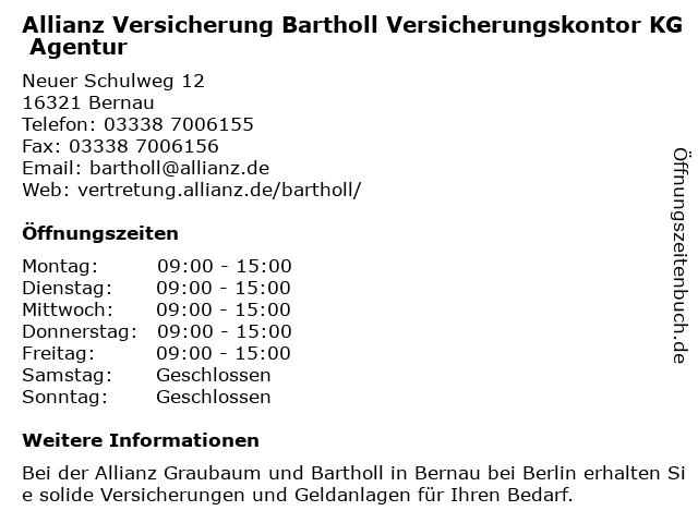 Allianz Versicherung Bartholl Versicherungskontor KG Agentur in Bernau: Adresse und Öffnungszeiten