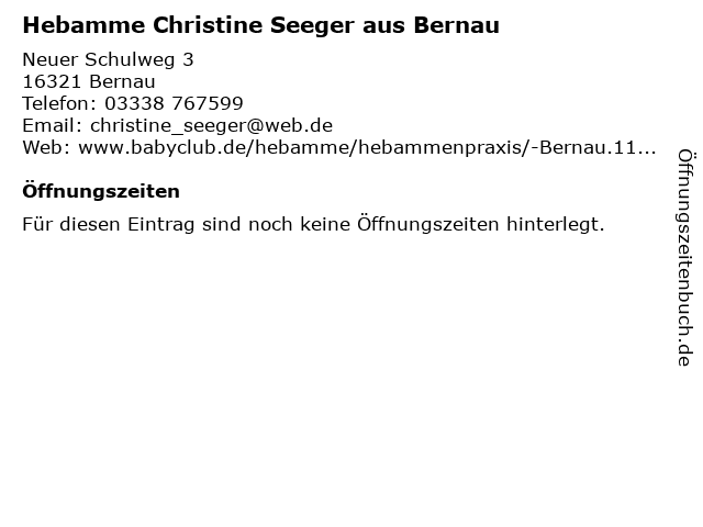 Hebamme Christine Seeger aus Bernau in Bernau: Adresse und Öffnungszeiten