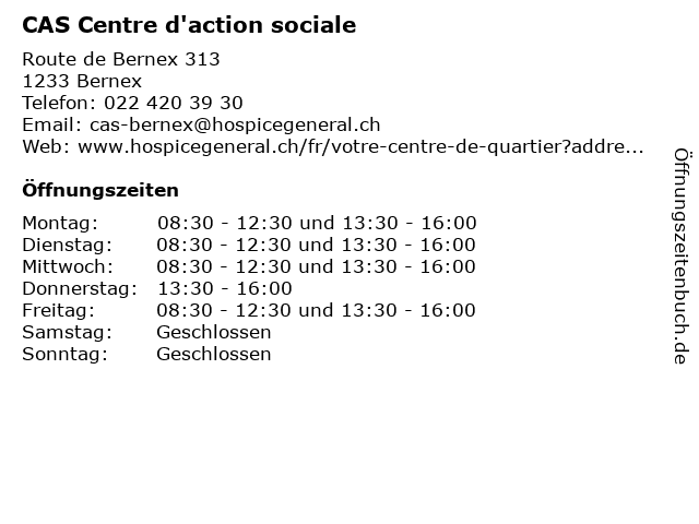 CAS Centre d'action sociale in Bernex: Adresse und Öffnungszeiten