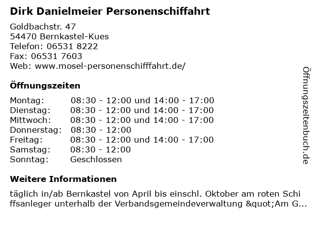 Dirk Danielmeier Personenschiffahrt in Bernkastel-Kues: Adresse und Öffnungszeiten
