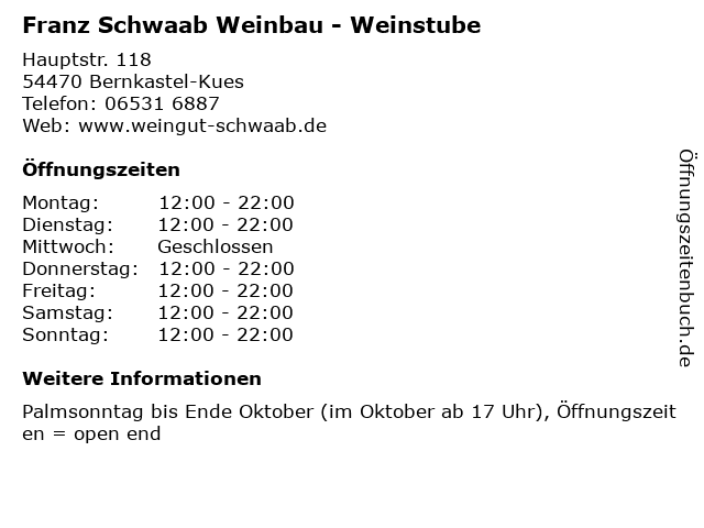 Franz Schwaab Weinbau - Weinstube in Bernkastel-Kues: Adresse und Öffnungszeiten