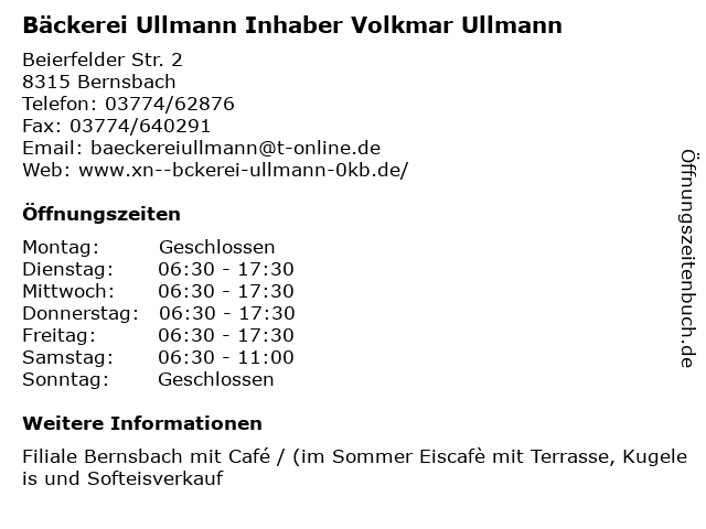 Bäckerei Ullmann Inhaber Volkmar Ullmann in Bernsbach: Adresse und Öffnungszeiten