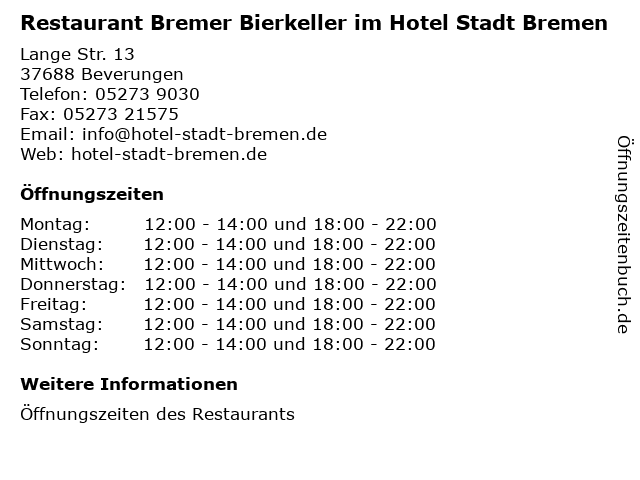 Restaurant Bremer Bierkeller im Hotel Stadt Bremen in Beverungen: Adresse und Öffnungszeiten