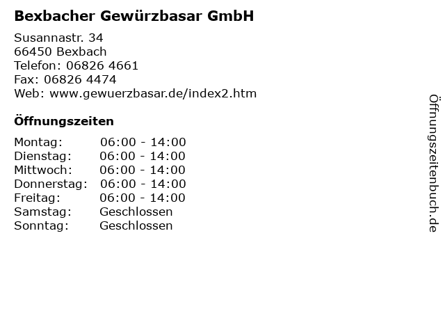 Bexbacher Gewürzbasar GmbH in Bexbach: Adresse und Öffnungszeiten