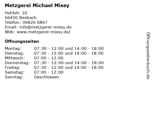 Metzgerei Michael Missy in Bexbach: Adresse und Öffnungszeiten