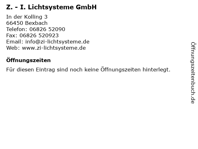 Z. - I. Lichtsysteme GmbH in Bexbach: Adresse und Öffnungszeiten