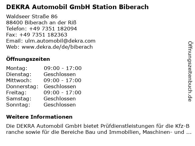 DEKRA Automobil GmbH Station Biberach in Biberach an der Riß: Adresse und Öffnungszeiten