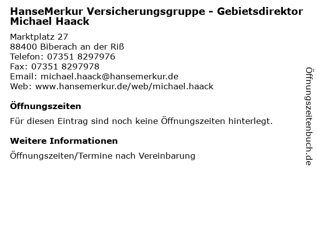 HanseMerkur Versicherungsgruppe - Gebietsdirektor Michael Haack in Biberach an der Riß: Adresse und Öffnungszeiten