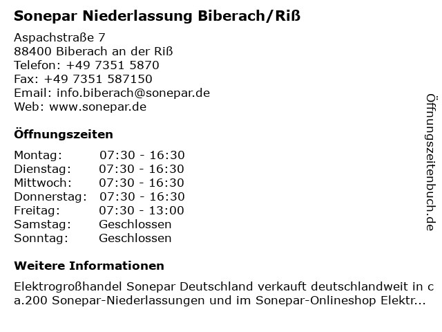 Sonepar Niederlassung Biberach/Riß in Biberach an der Riß: Adresse und Öffnungszeiten