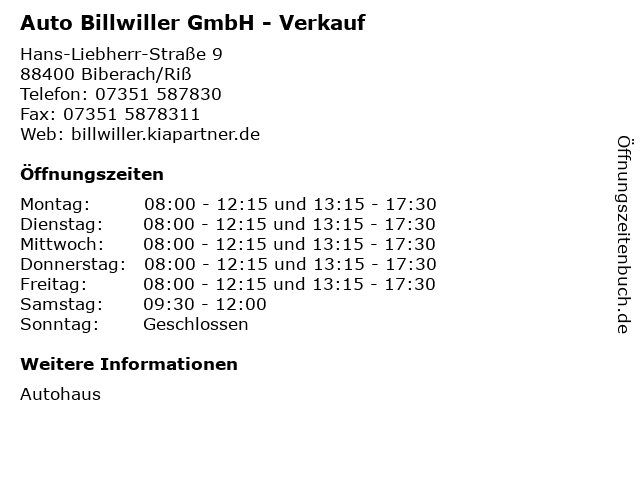 Auto Billwiller GmbH - Verkauf in Biberach/Riß: Adresse und Öffnungszeiten