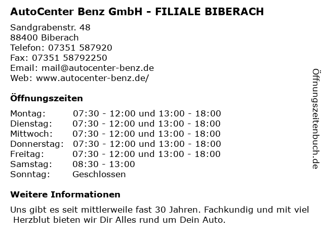 AutoCenter Benz GmbH - FILIALE BIBERACH in Biberach: Adresse und Öffnungszeiten