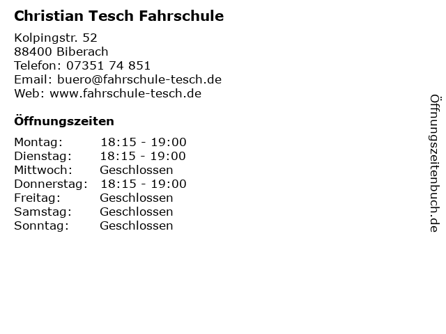 Christian Tesch Fahrschule in Biberach: Adresse und Öffnungszeiten