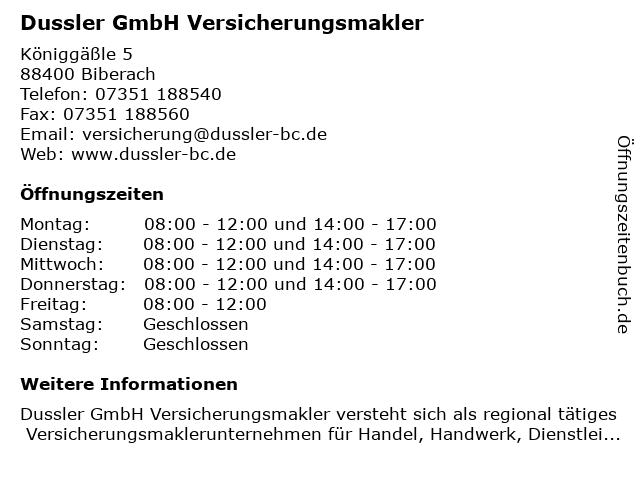Dussler GmbH Versicherungsmakler in Biberach: Adresse und Öffnungszeiten