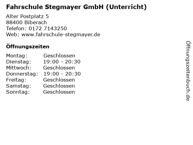 Fahrschule Stegmayer GmbH (Unterricht) in Biberach: Adresse und Öffnungszeiten