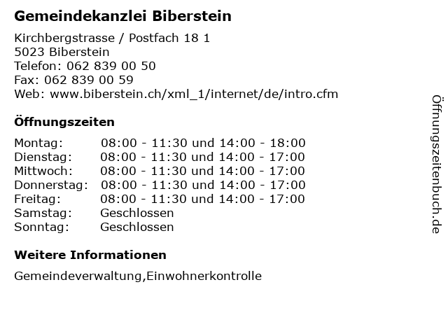 Gemeindekanzlei Biberstein in Biberstein: Adresse und Öffnungszeiten