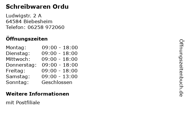 Schreibwaren Ordu in Biebesheim: Adresse und Öffnungszeiten