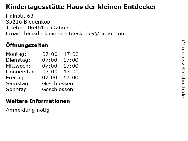 ᐅ Offnungszeiten Kindertagesstatte Haus Der Kleinen Entdecker