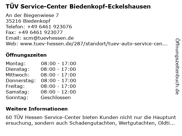 TÜV Service-Center Biedenkopf-Eckelshausen in Biedenkopf: Adresse und Öffnungszeiten