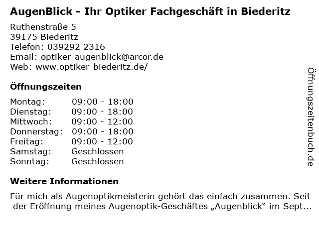 AugenBlick - Ihr Optiker Fachgeschäft in Biederitz in Biederitz: Adresse und Öffnungszeiten